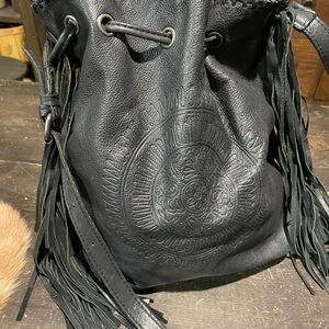 Black Leather Fringe Bucket Bag, Patricia Nash